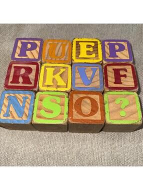 Lot Of 12 Vintage Child Wooden ABC Blocks  Letters Pictures Words Numbers 1 1/2”